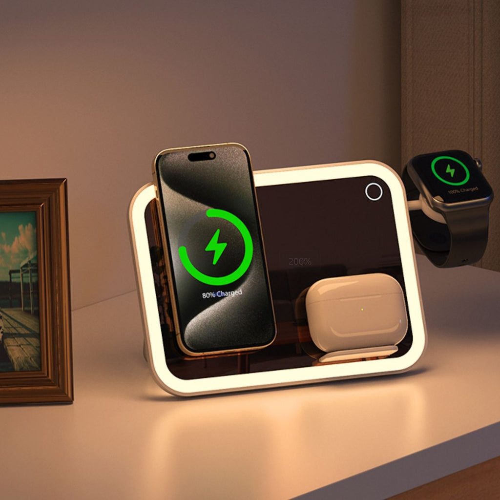 Three-in-1 wireless charger LED makeup mirror RGB small night light four-in-one desk lamp charging stainless steel holder